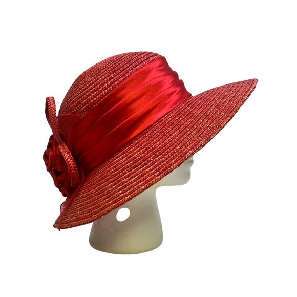 Bright Red Women's Derby Wide Brim Straw Embellished Hat Satin Band Fabric Rose - Picture 2 of 8